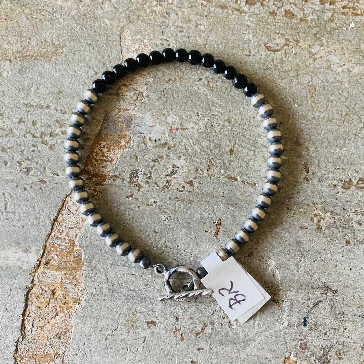 Navajo Strung Sterling Silver Machine Made Pearls & Black Onyx Beaded Bracelet