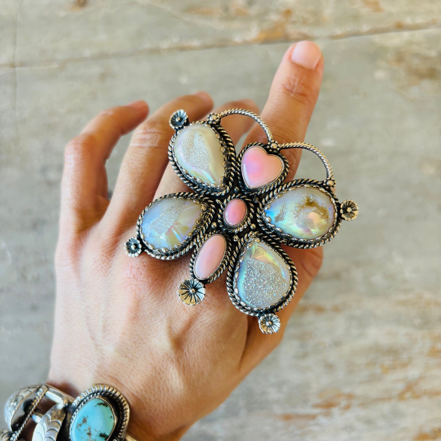 Navajo Hemerson Brown Sterling Silver - Pink Conch & Druzy Butterfly Ring