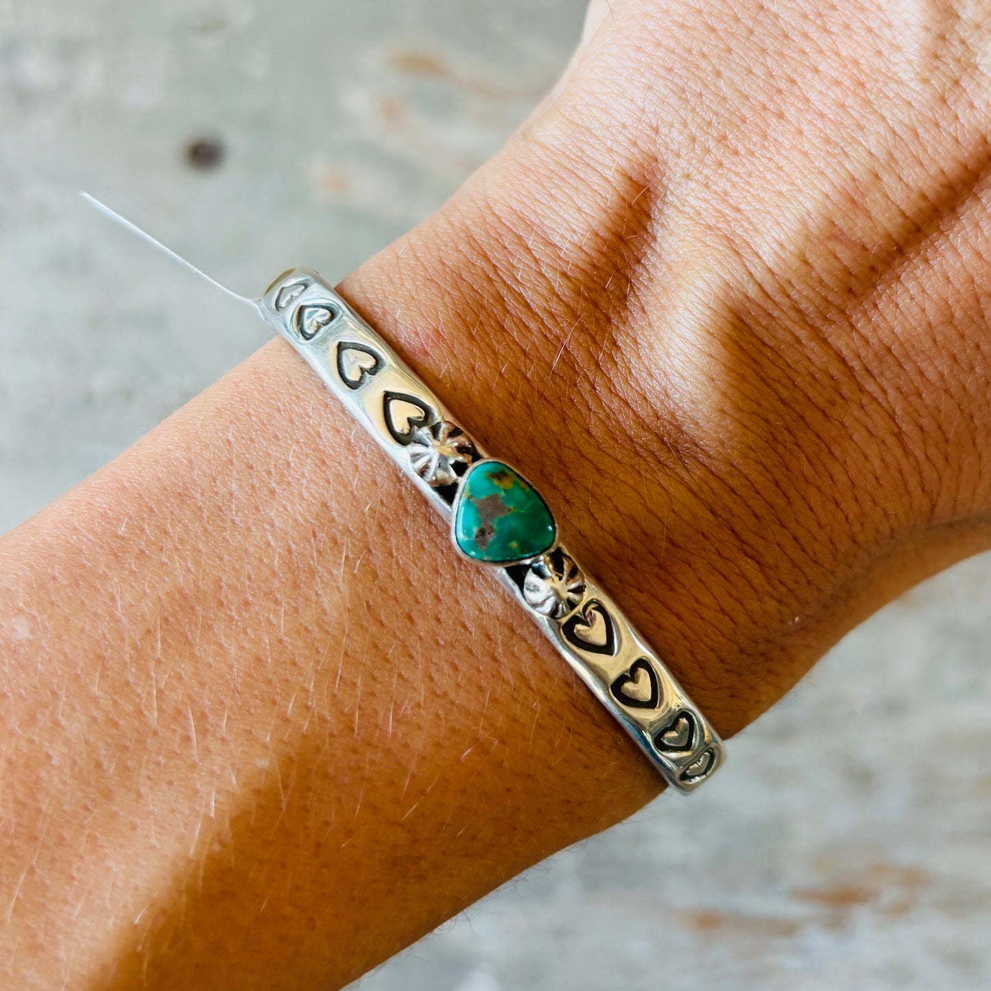 Navajo Darrell Cadman Sterling Silver & Sonoran Turquoise Hearts Stacker Cuff