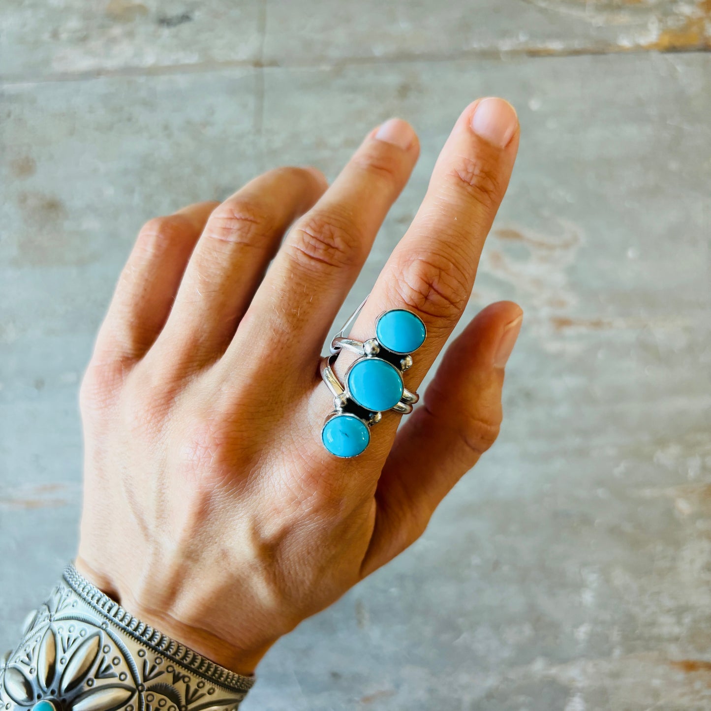 Navajo Mildred Parkhurst Sterling Silver & Blue Ridge Three Stone Turquoise Ring