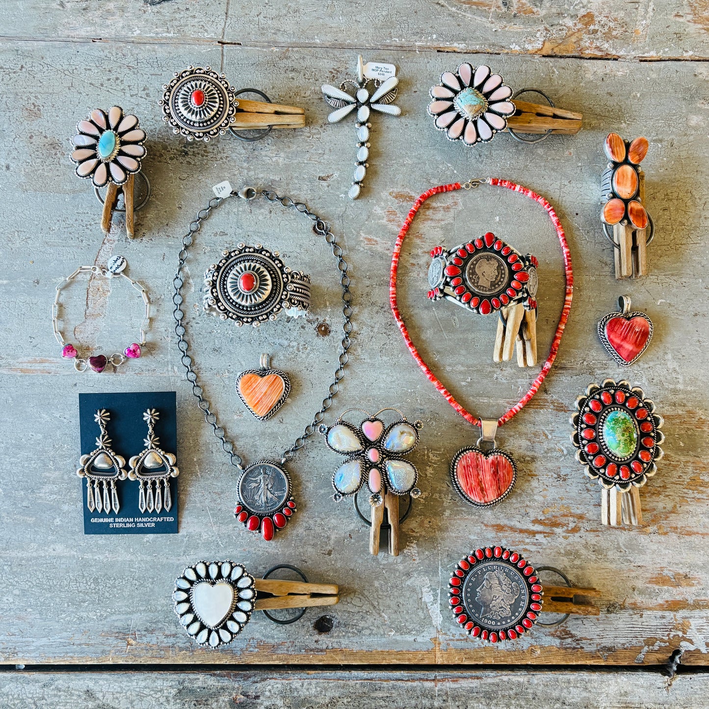 Navajo Hemerson Brown Sterling Silver & Red Coral Statement Cuff