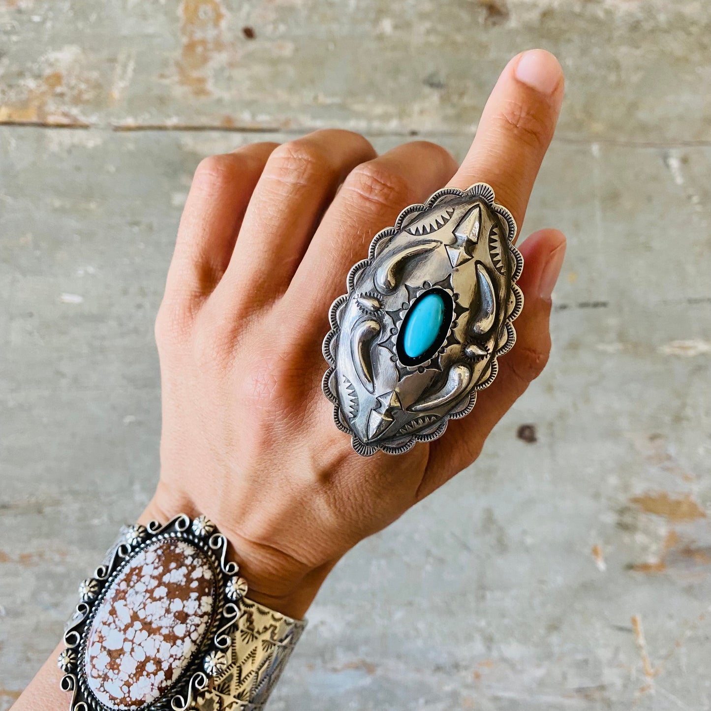 Navajo Glenn Livingston Sterling Silver & Turquoise Shadowbox Ring