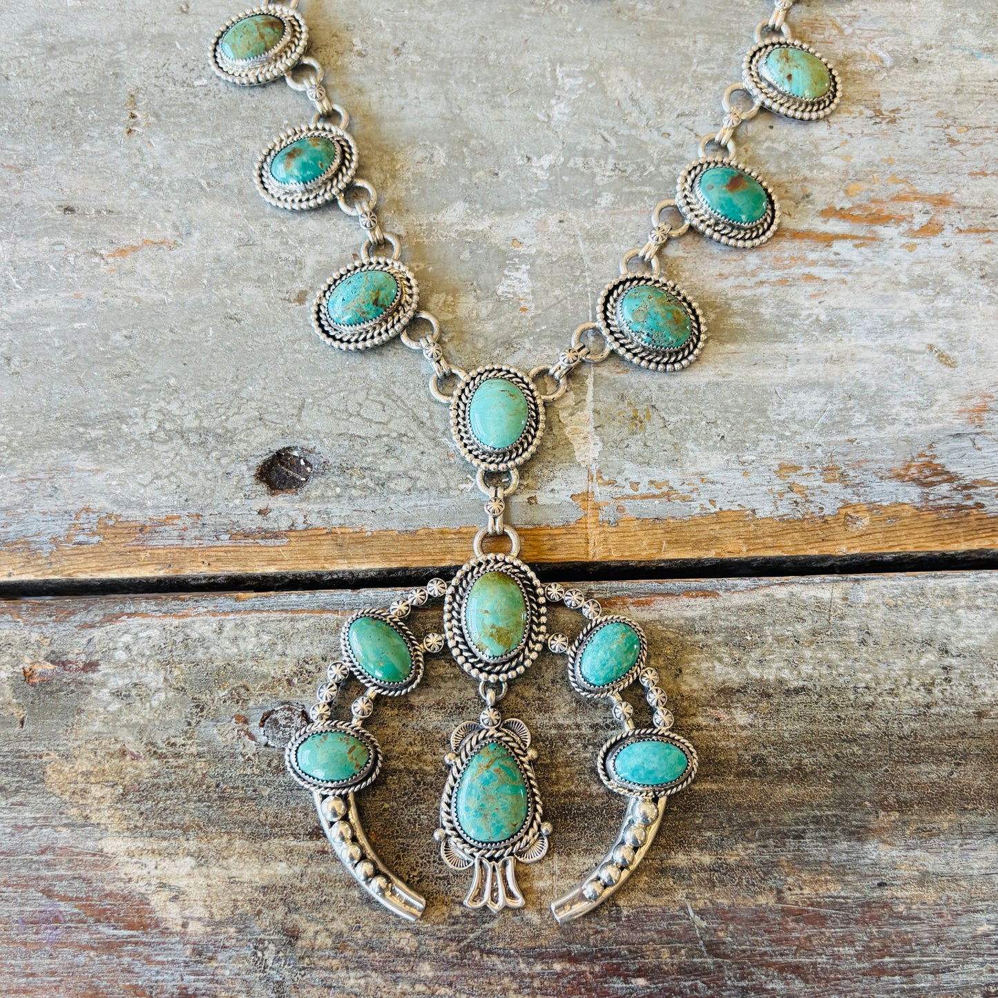 Navajo June Defauito Sterling Silver & Green Kingman Turquoise Squash Blossom Necklace & Earrings Set