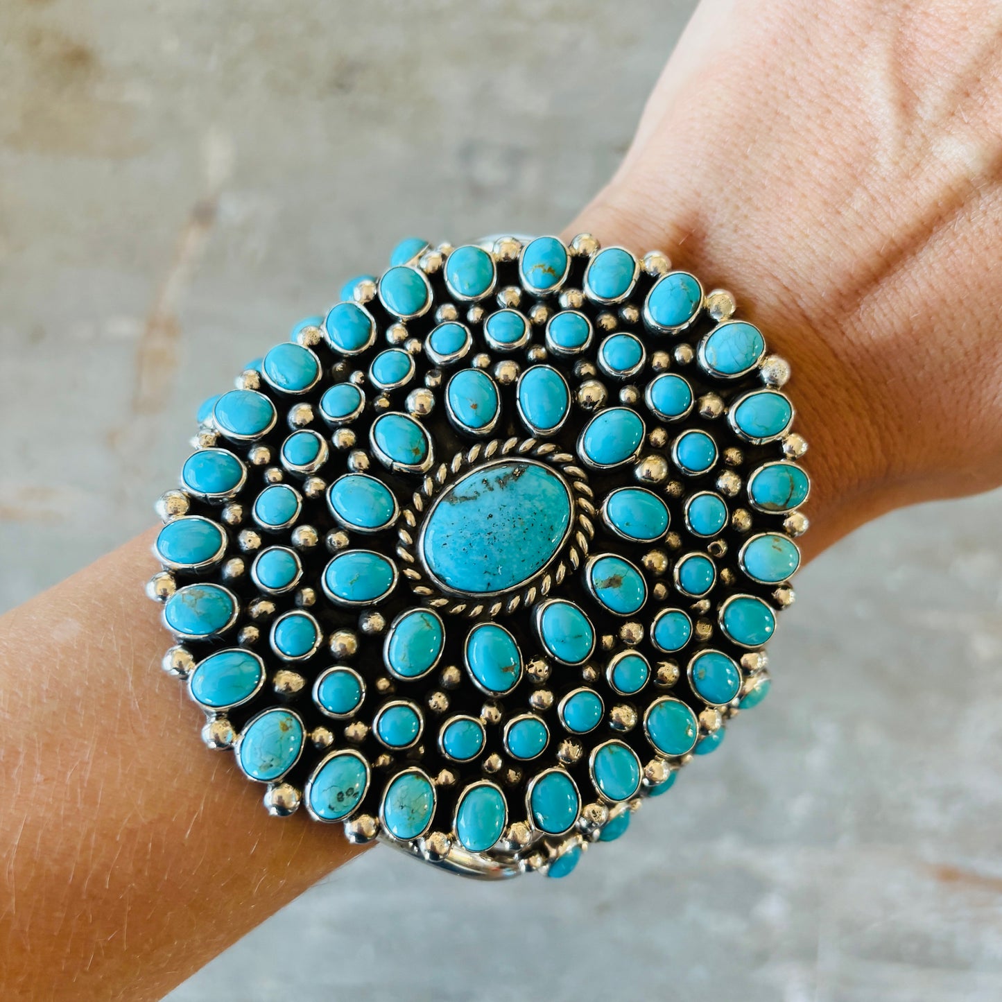 Navajo Melvin & Tiffany Jones Sterling Silver & Kingman Turquoise Cluster Cuff