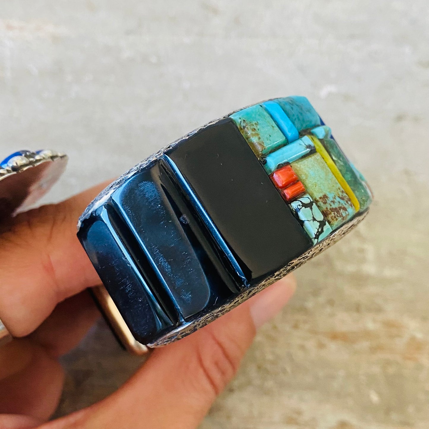Navajo Lester James Sterling Silver & Multi Stone Tufa Cast Cuff