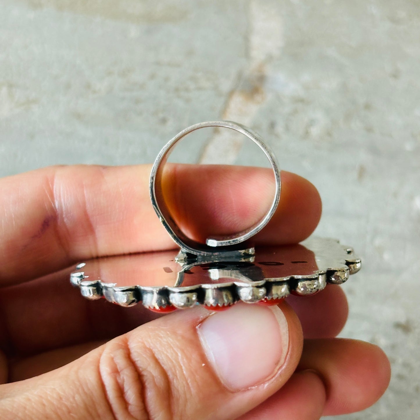 Navajo Hemerson Brown Sterling Silver - Red Coral & Sonoran Turquoise Cluster Ring