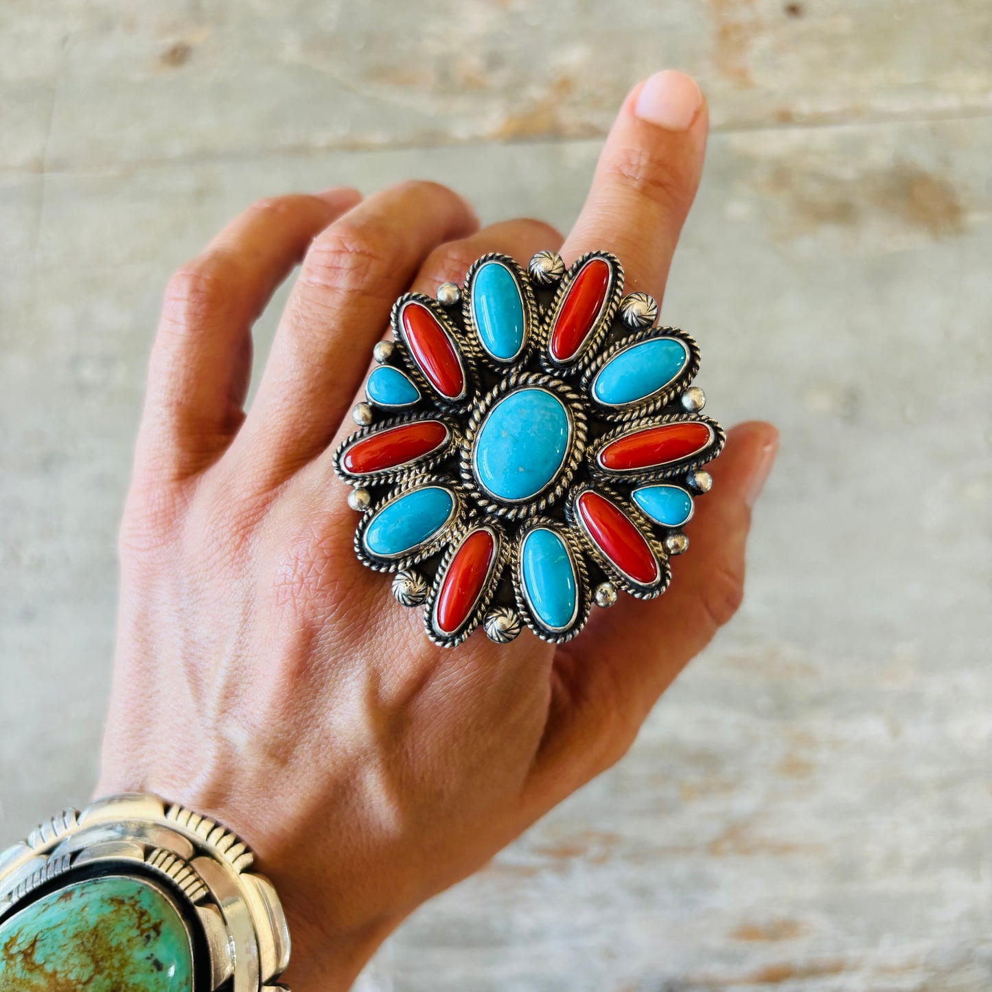 Navajo Tyler Brown Sterling Silver - Red Coral & Kingman Cluster Statement Ring