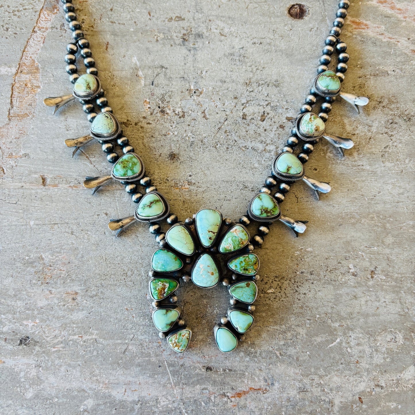 Navajo Rena Shelly Sterling Silver - Carico Lake & Sonoran Turquoise Squash Blossom Necklace