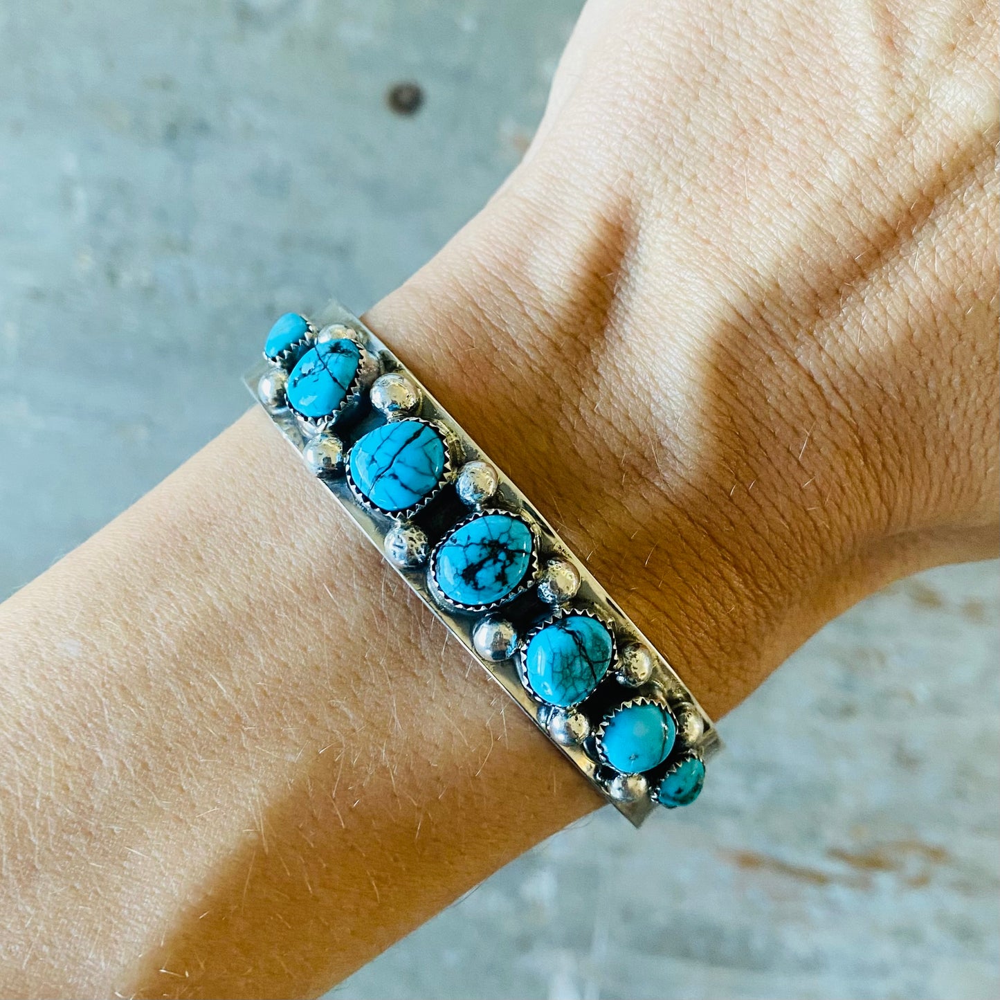 Navajo Lorenzo Jerilyn Chee Sterling Silver & Kingman Turquoise Stacker Cuff