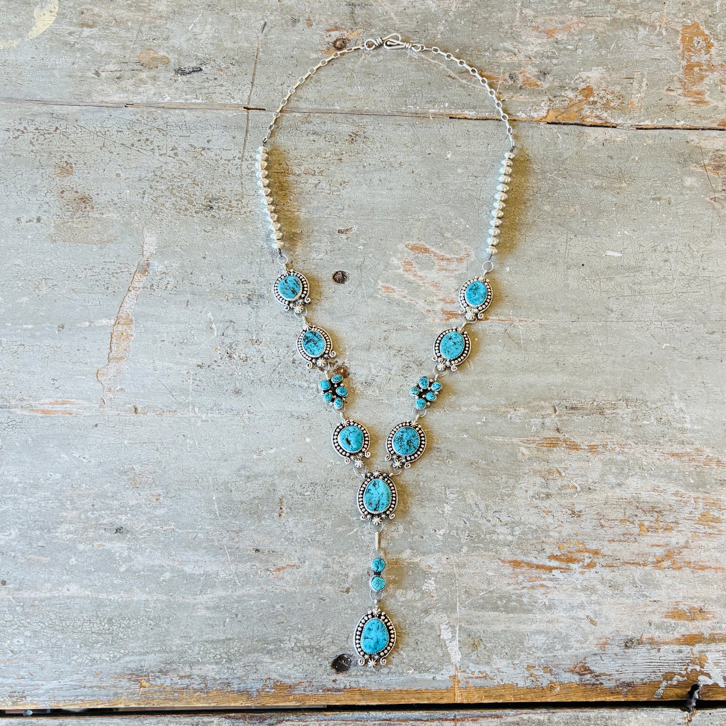 Navajo Signed Sterling Silver & Kingman Turquoise Lariat