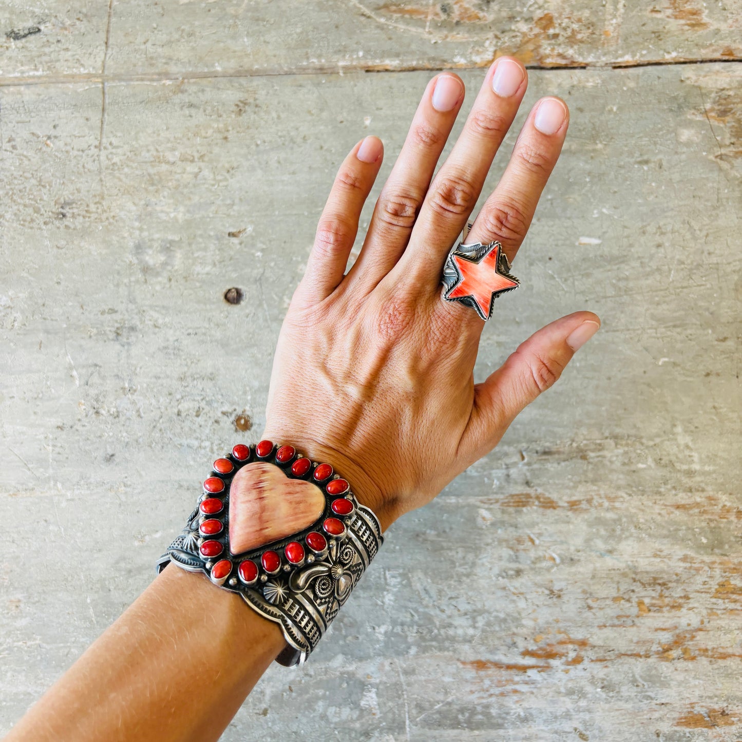 Navajo Andy Cadman Sterling Silver & Red Spiny Oyster Star Ring