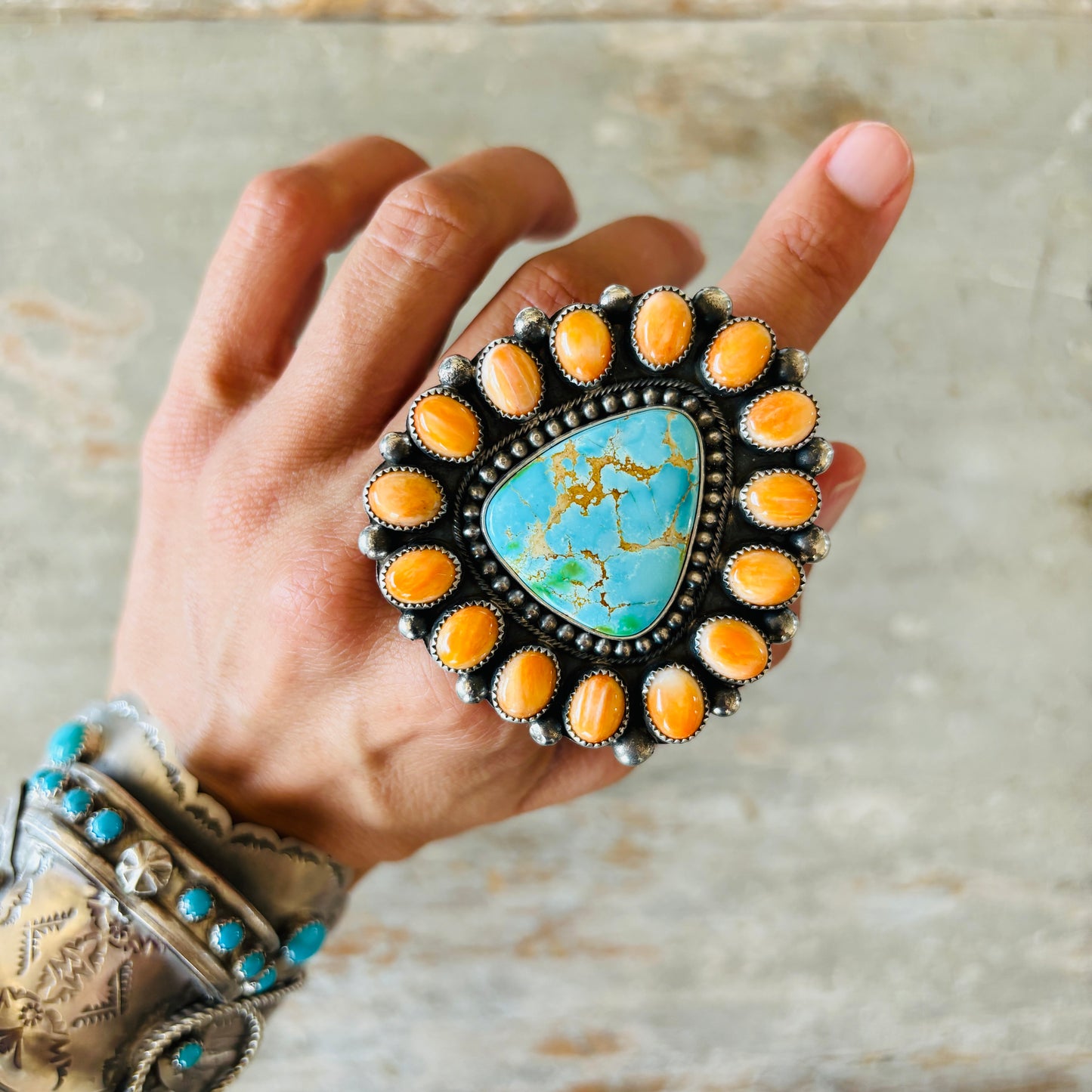 Navajo Dustin Francisco Sterling Silver - Orange Spiny Oyster & Royston Turquoise Cluster Ring