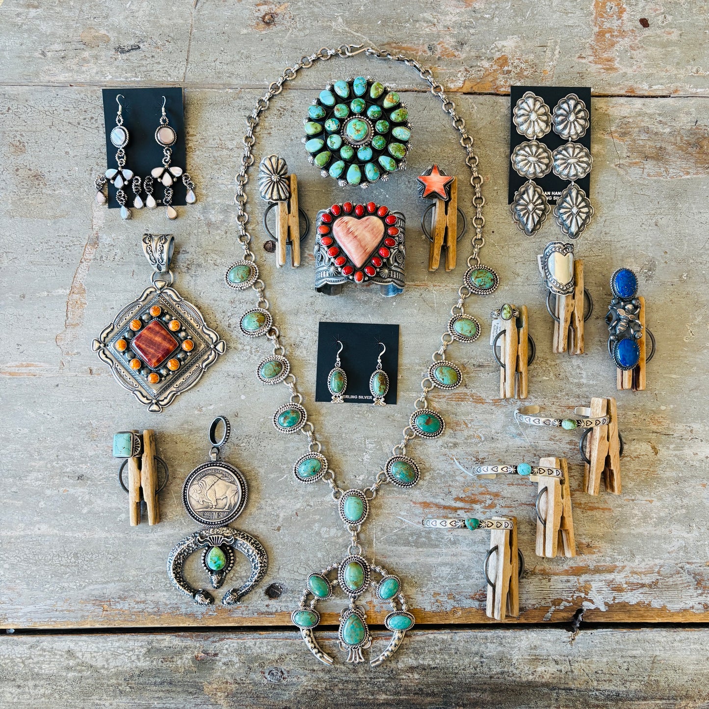 Navajo June Defauito Sterling Silver & Green Kingman Turquoise Squash Blossom Necklace & Earrings Set