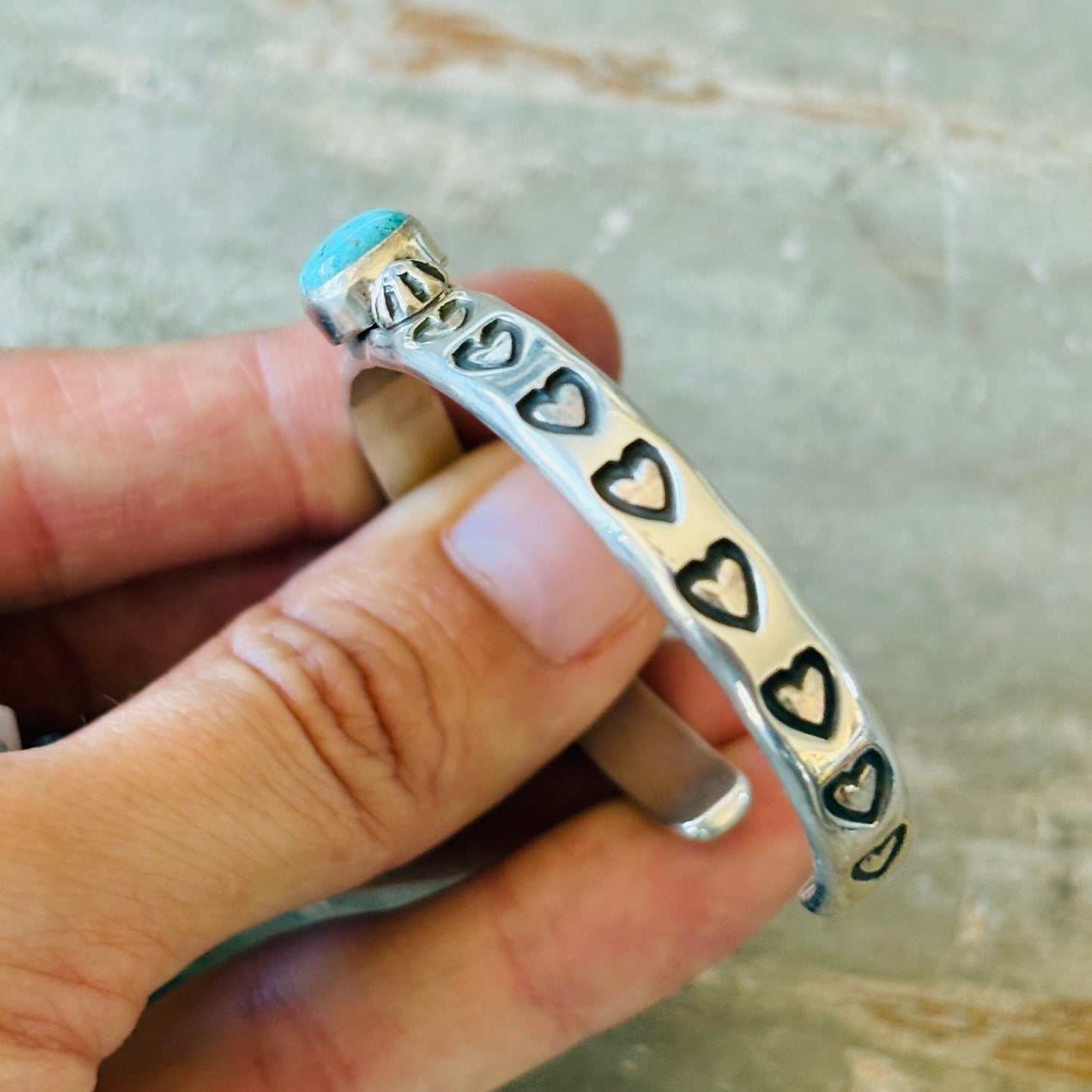 Navajo Darrell Cadman Sterling Silver & Lone Mountain Turquoise Hearts Stacker Cuff