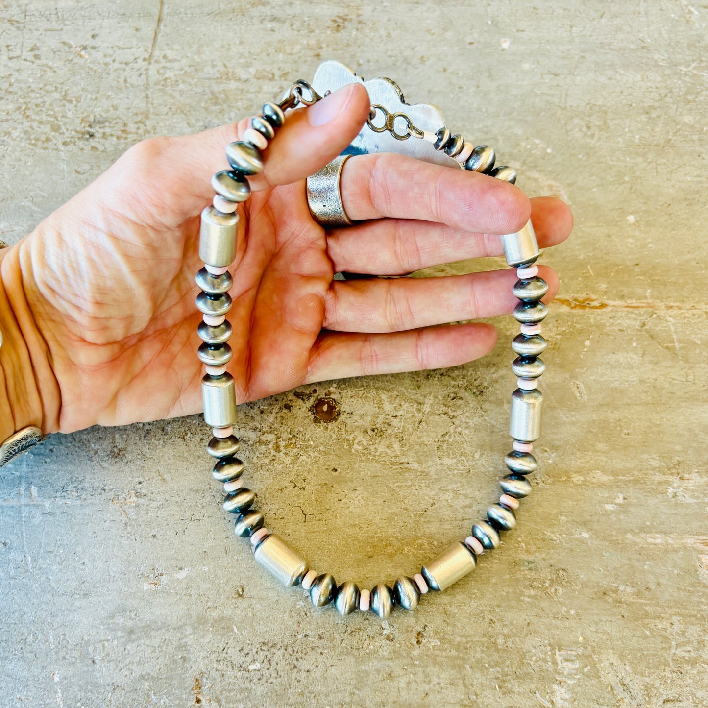 Navajo Tonisha Haley Sterling Silver 10mm Handmade Pink Conch - Saucer - Tube Beads Pearl Necklace