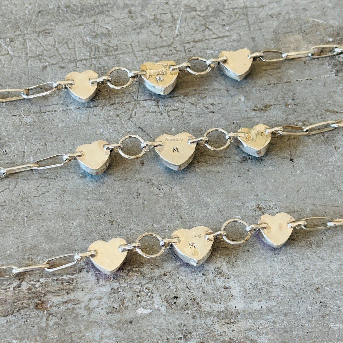 Navajo Mildred Parkhurst Sterling Silver & Mojave Paper Clip Chain Heart Bracelets