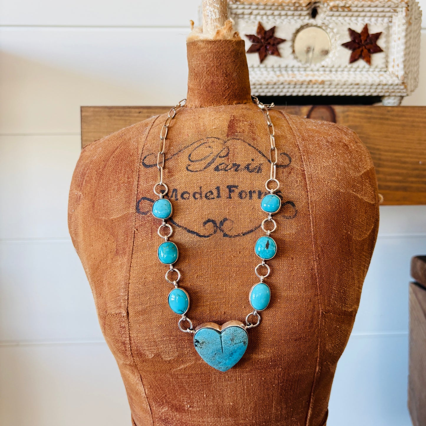 Navajo Mildred Parkhurst Sterling Silver - Ceremonial Kingman - Blue Ridge Turquoise Heart Necklace