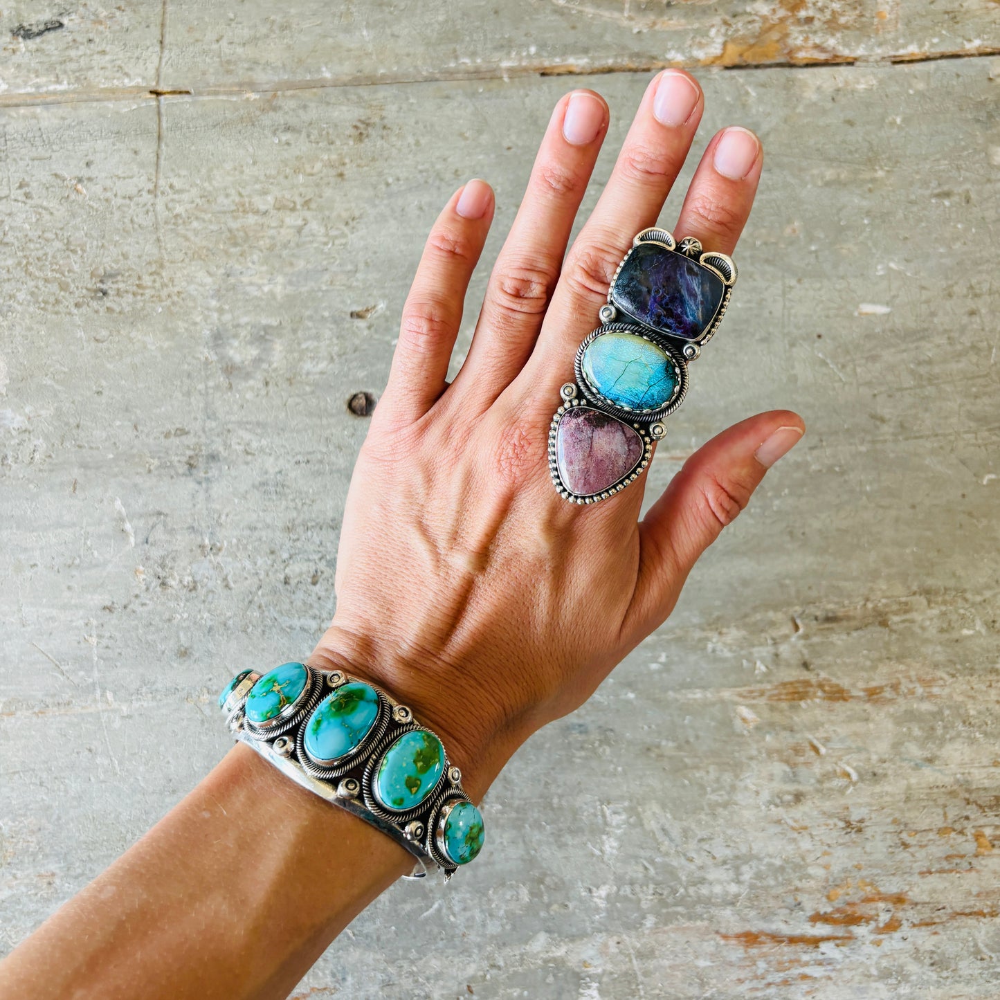 Navajo Hemerson Brown Sterling Silver - Sugilite & Lab Opal Statement Ring