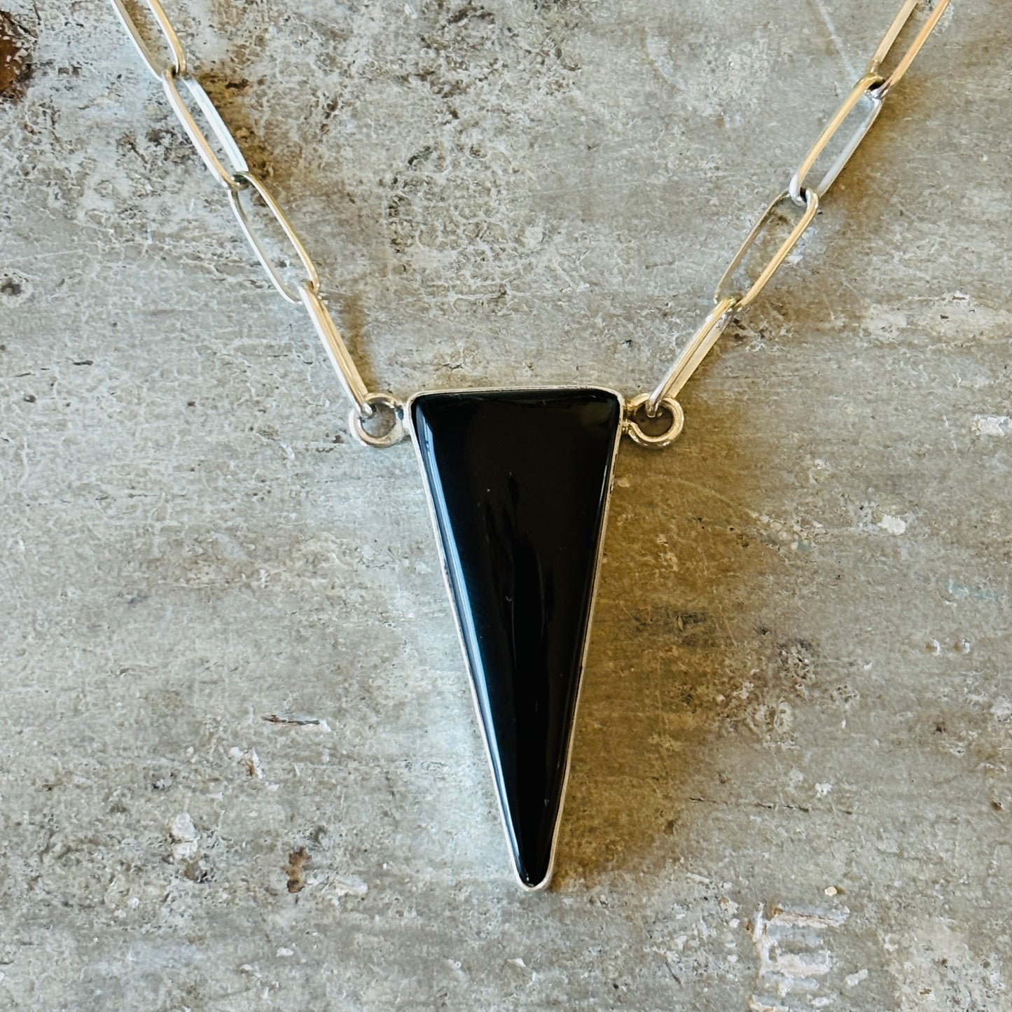 Navajo Mildred Parkhurst Sterling Silver & Black Onyx Triangle Pendant Necklace