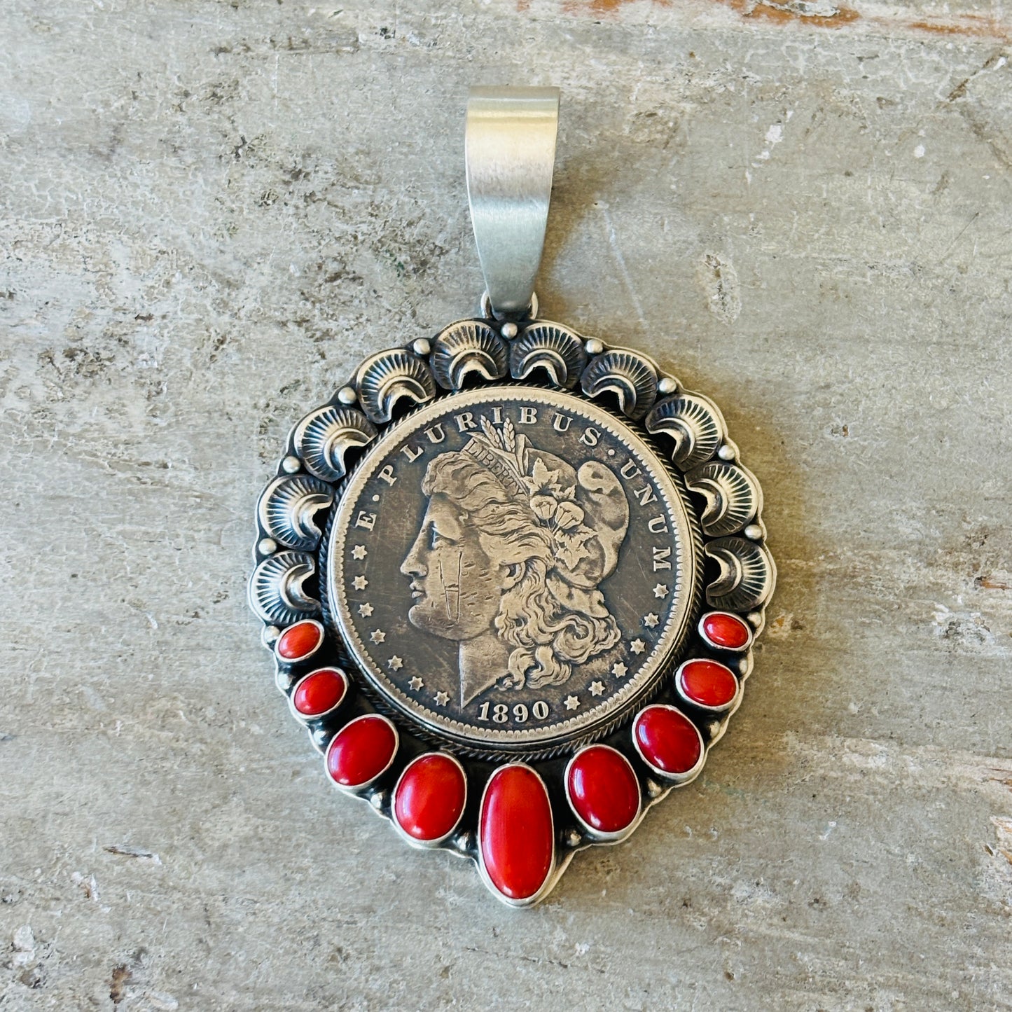 Navajo Randy Boyd Sterling Silver & Red Coral Coin Pendant