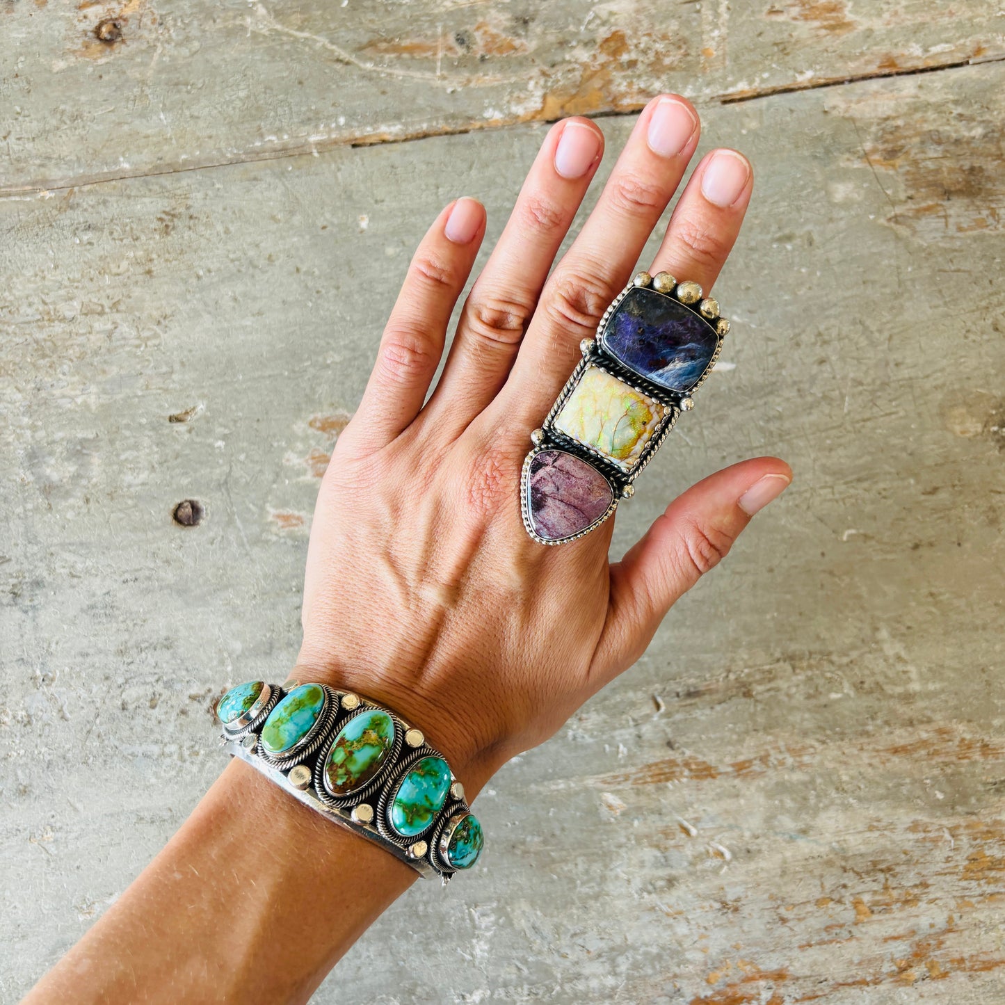 Navajo Hemerson Brown Sterling Silver - Sugilite & Lab Opal Statement Ring