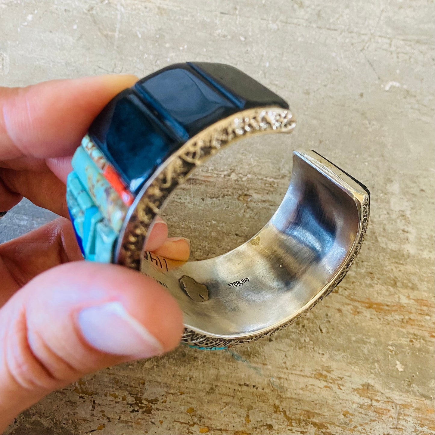 Navajo Lester James Sterling Silver & Multi Stone Tufa Cast Cuff