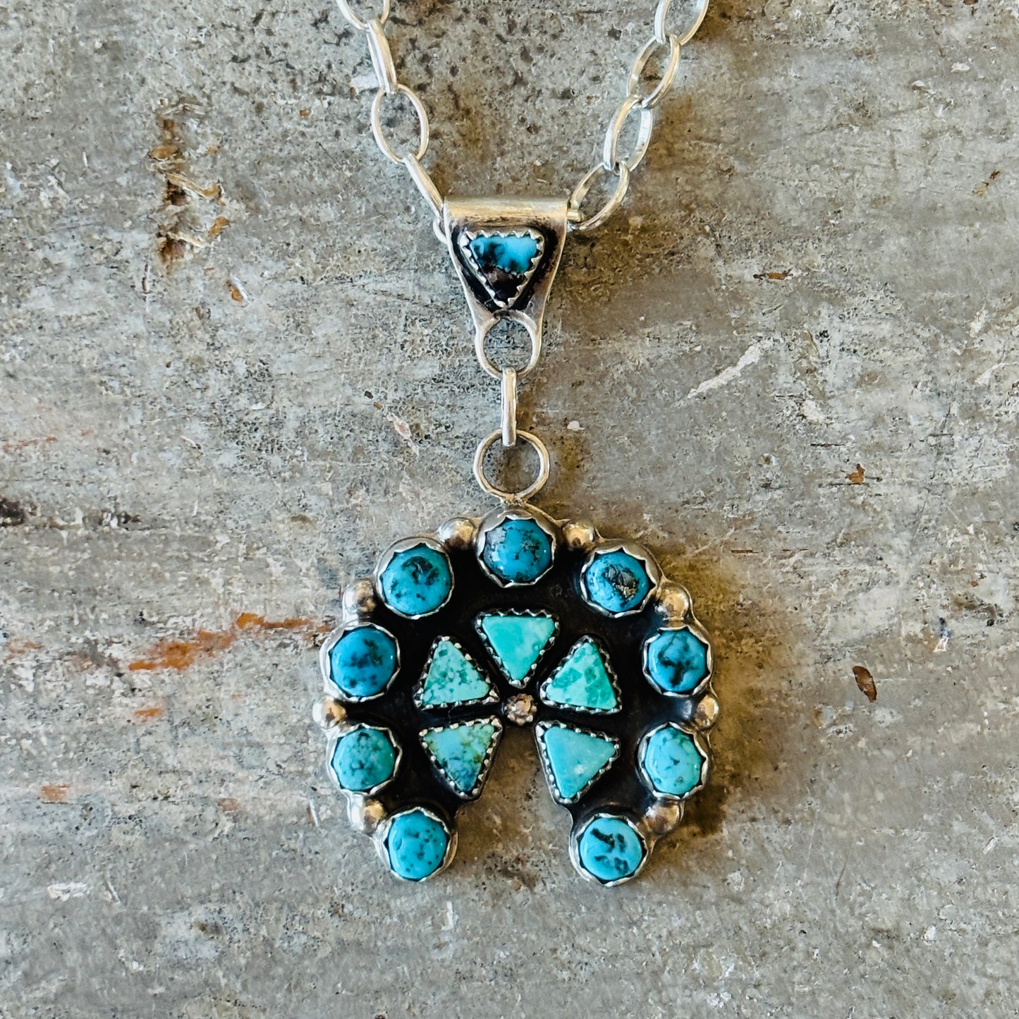 Navajo Signed Sterling Silver & Mixed Turquoise Naja Necklace