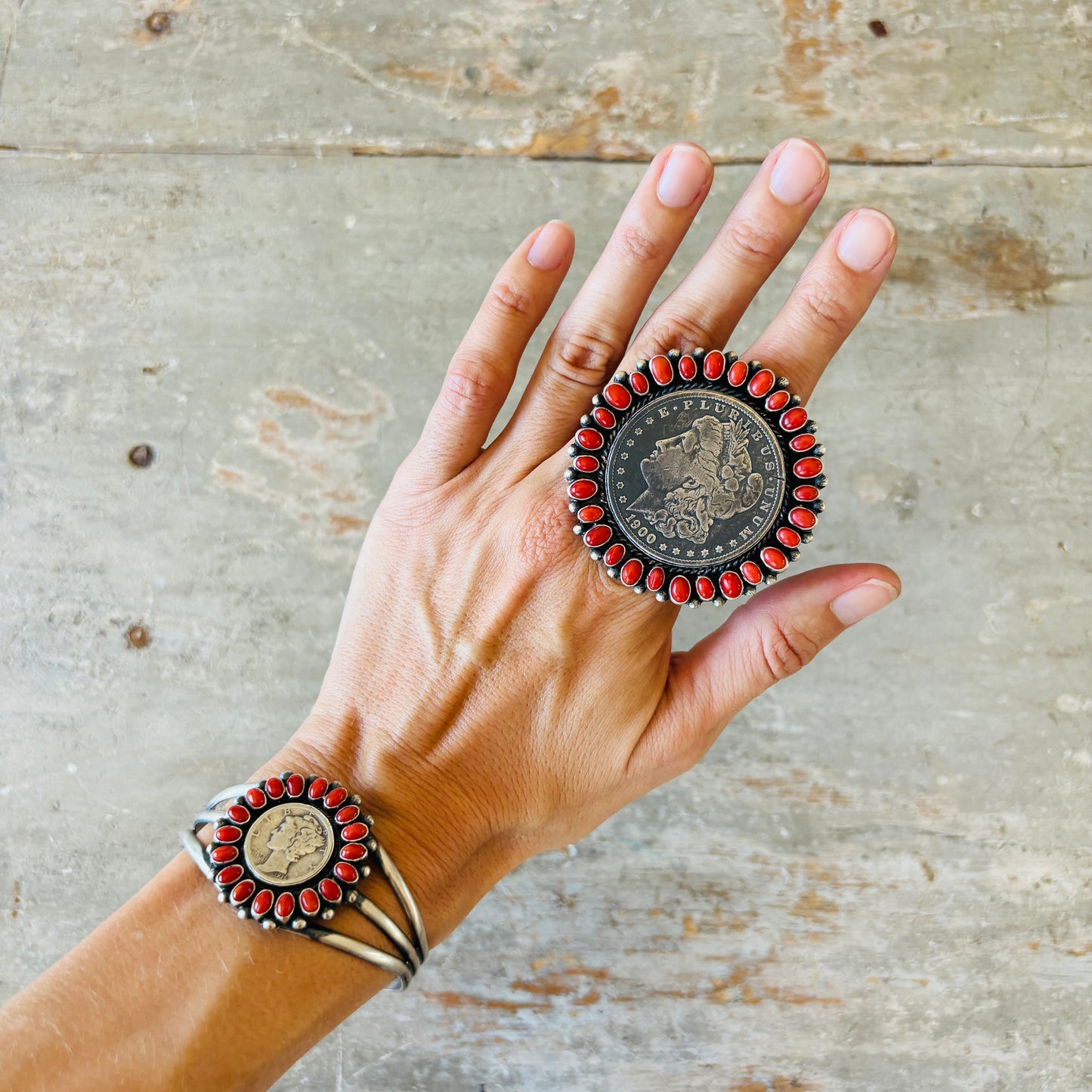 Navajo Darrin Livingston Sterling Silver & Red Coral Coin Ring