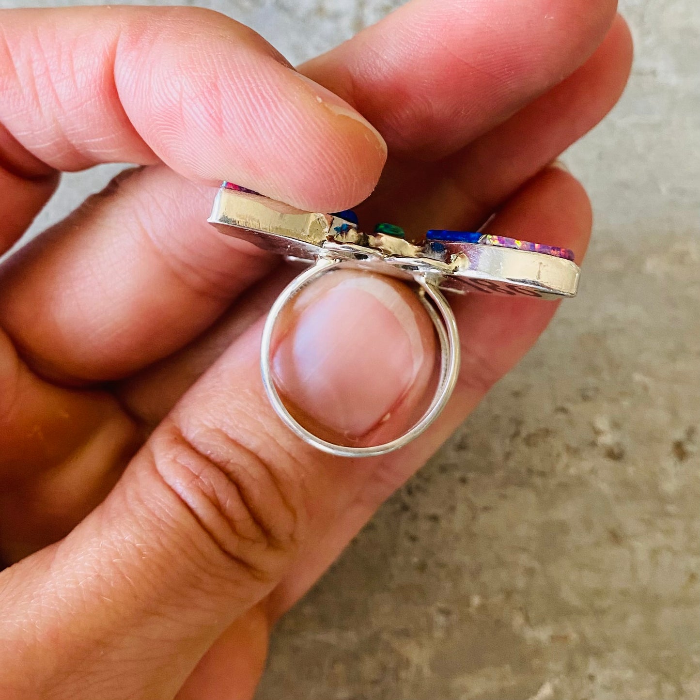 Navajo Steeve Francisco Sterling Silver & Lab Opal Multicolor Butterfly Ring