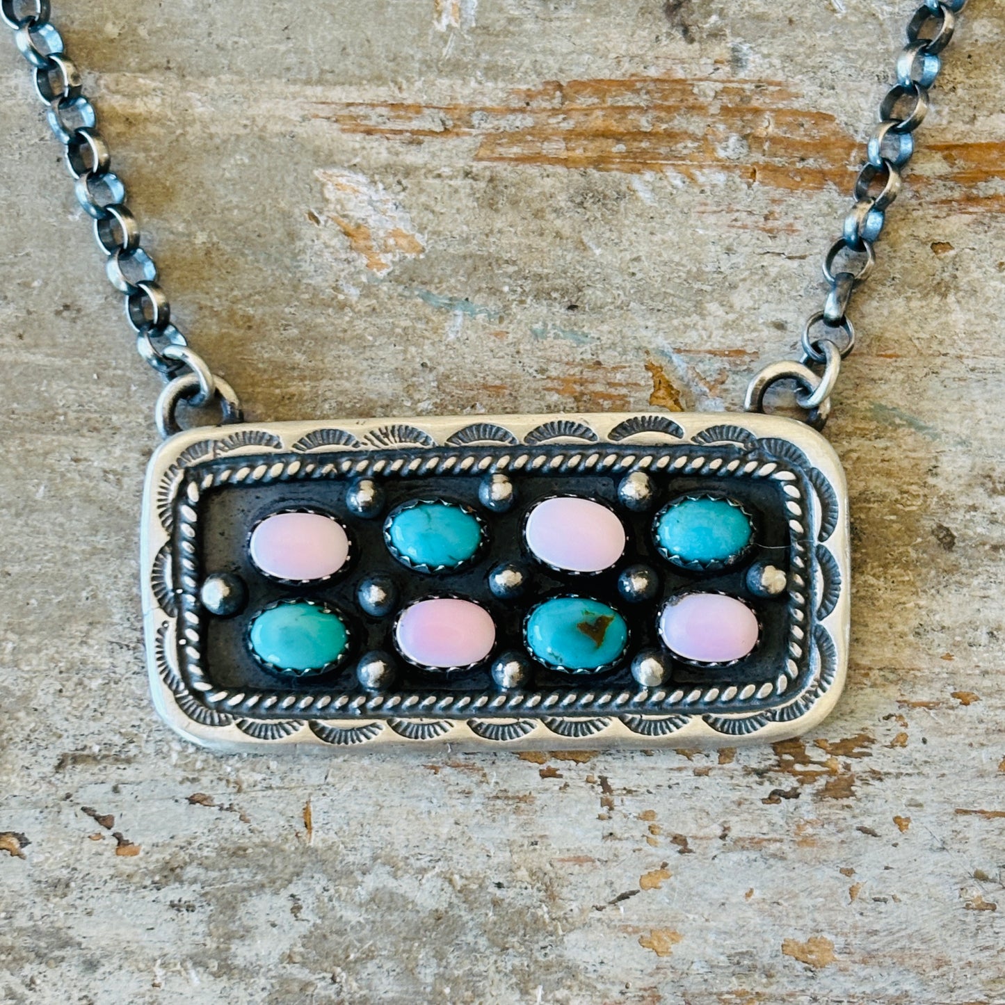 Navajo Russell Sam Sterling Silver - Pink Conch & Turquoise Bar Necklace