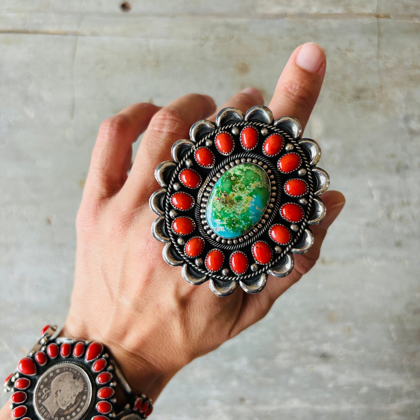 Navajo Hemerson Brown Sterling Silver - Red Coral & Sonoran Turquoise Cluster Ring