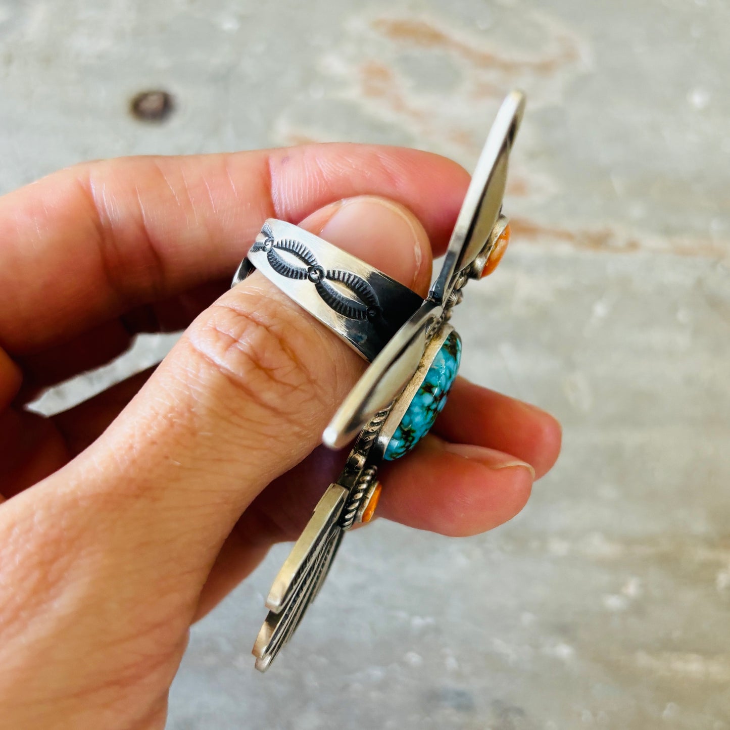 Navajo Herman Smith Sterling Silver - Orange Spiny & Spiderweb Kingman Hummingbird Ring