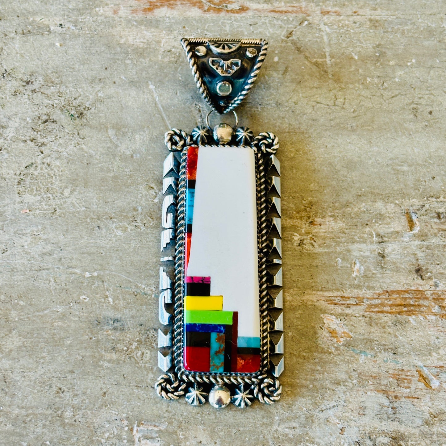 Navajo Marcus Chavez Sterling Silver & Multi Block Stone Pendant