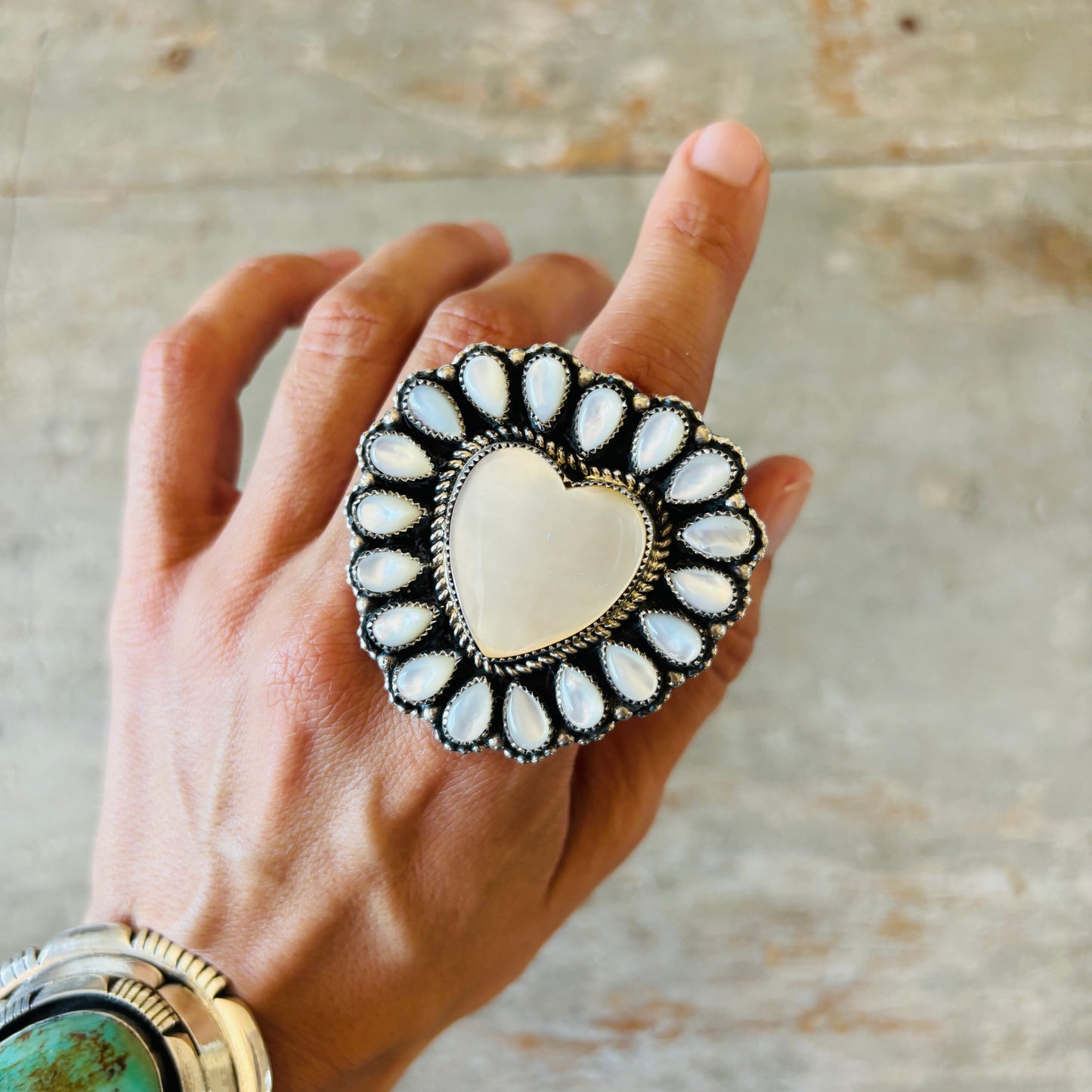Navajo Ednei Yabney Sterling Silver & Shell Heart Cluster Ring