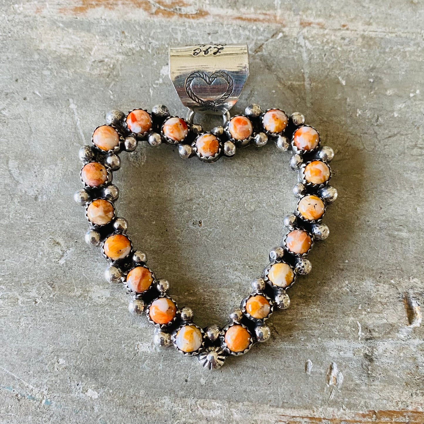 Navajo Lorenzo Jerilyn Chee Sterling Silver & Orange Mojave Heart Pendant
