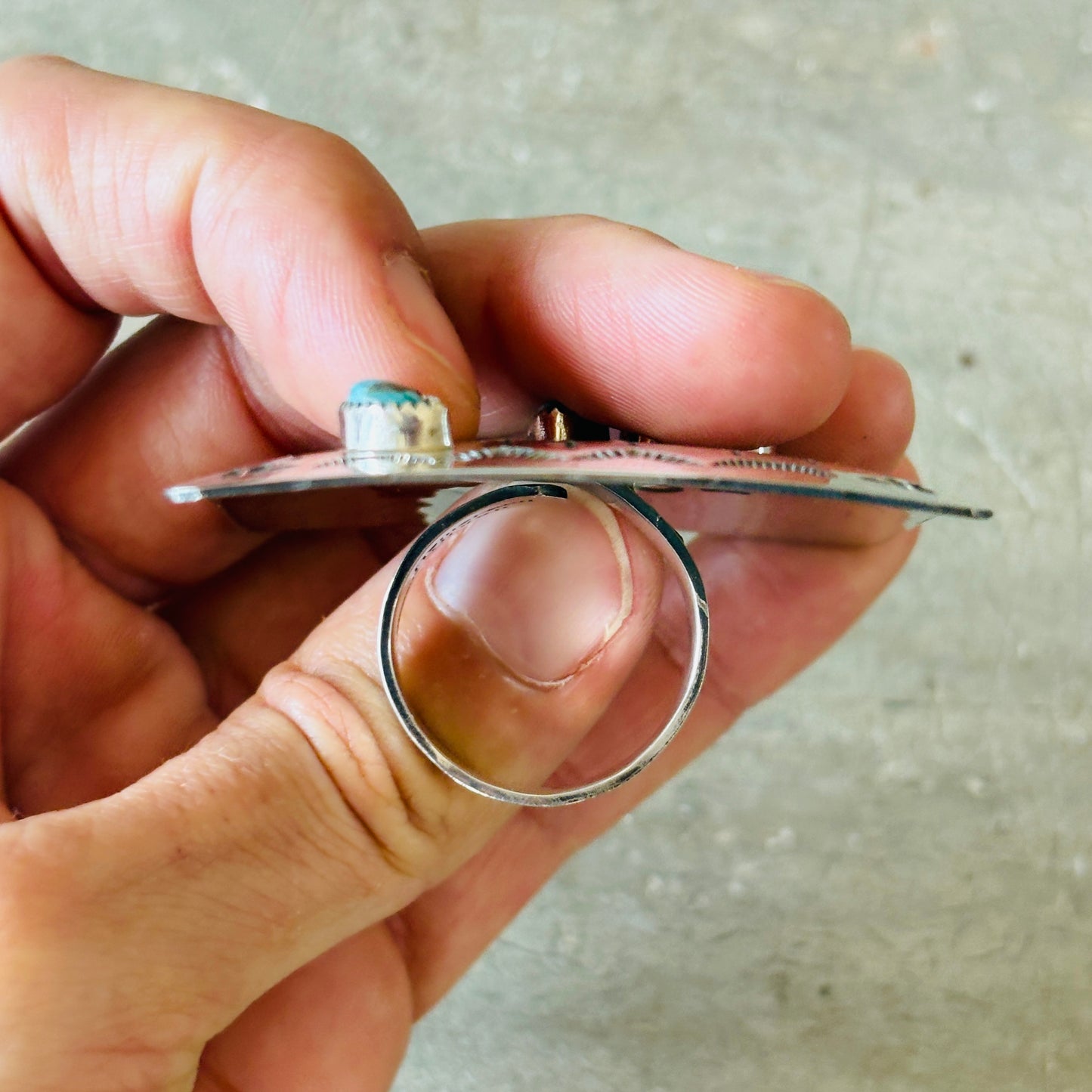 Navajo Hemerson Brown Sterling Silver & Kingman Turquoise Cactus Ring