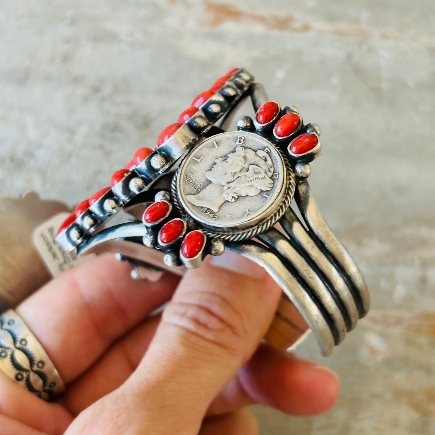 Navajo Darrin Livingston Sterling Silver & Red Coral Coin Cuff