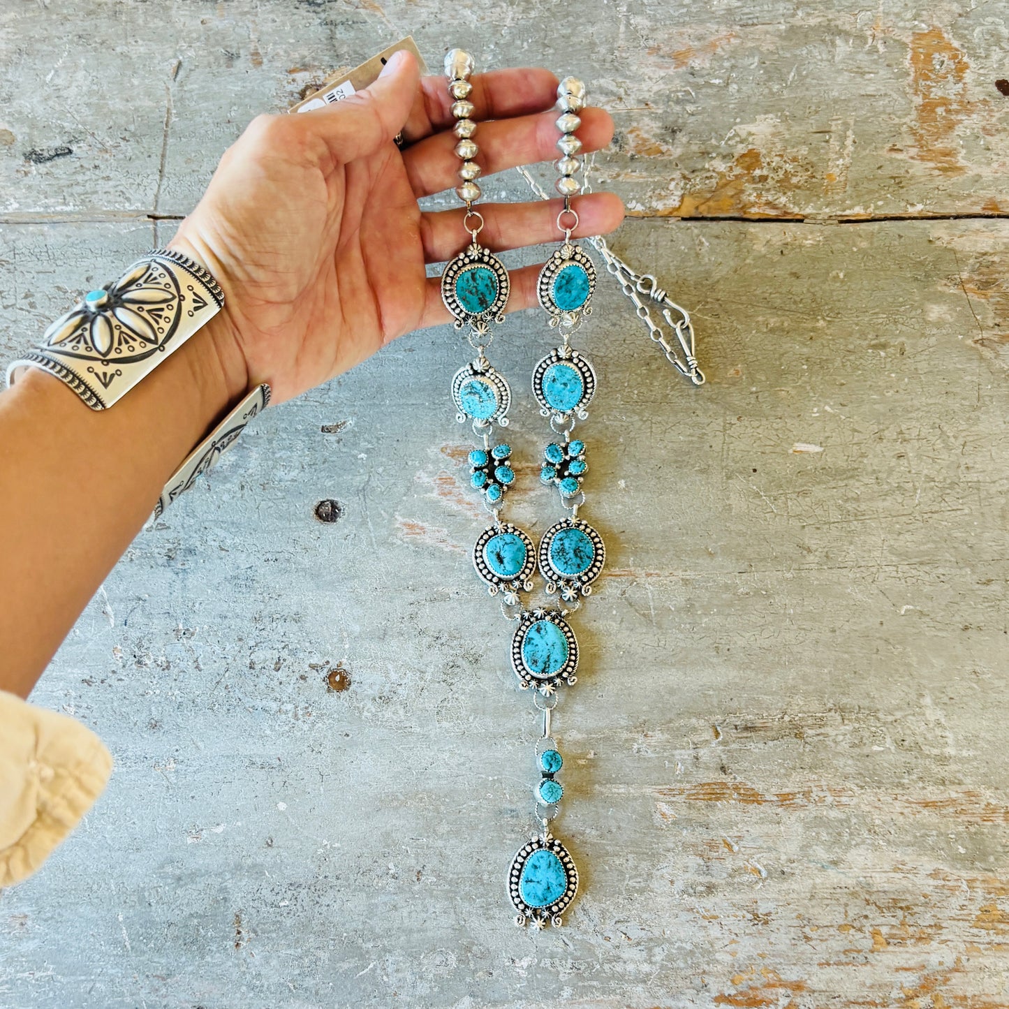 Navajo Signed Sterling Silver & Kingman Turquoise Lariat