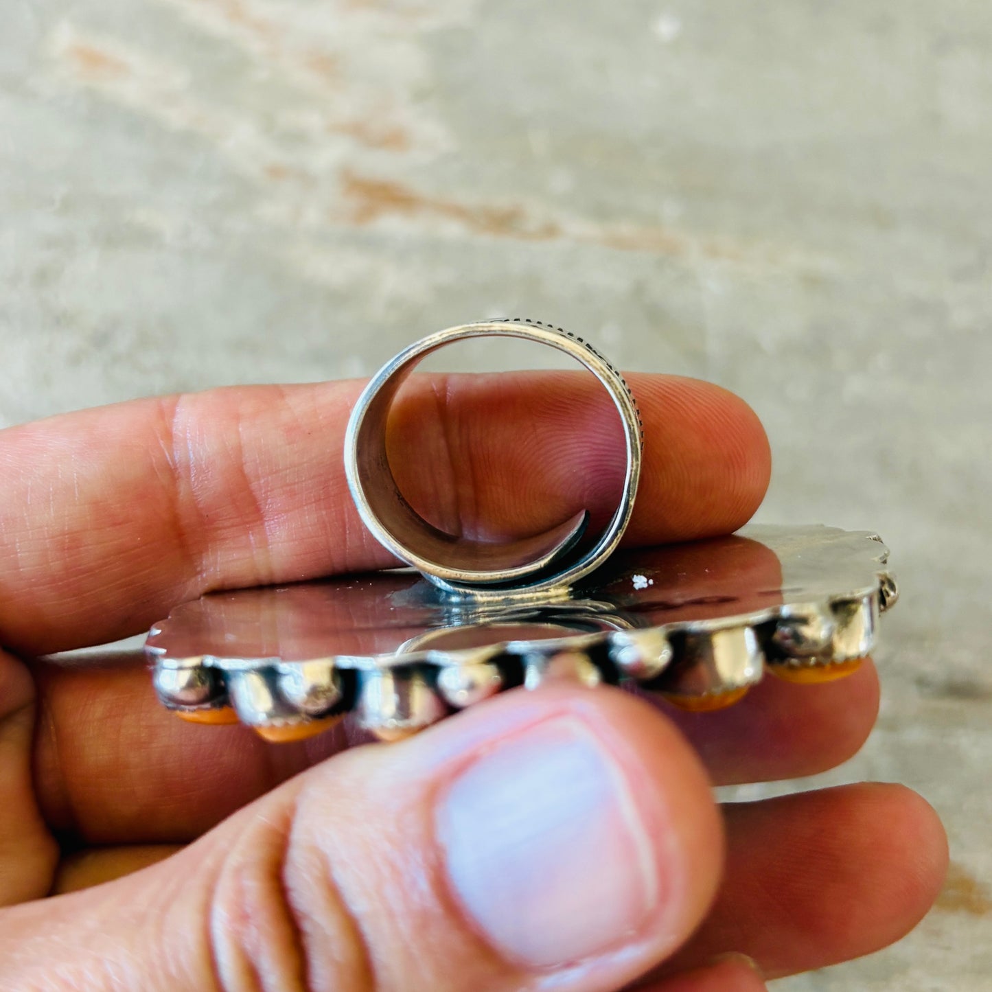 Navajo Dustin Francisco Sterling Silver - Orange Spiny Oyster & Royston Turquoise Cluster Ring