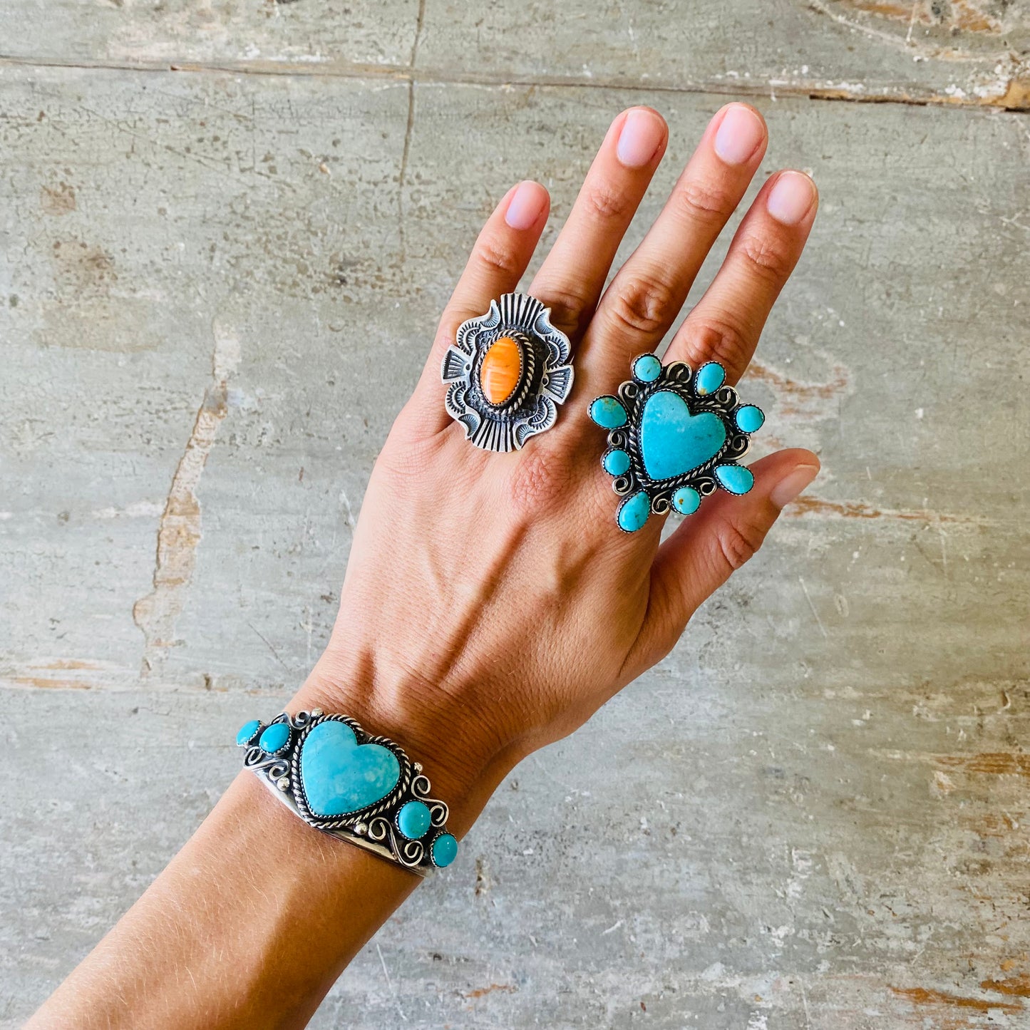 Navajo Lorenzo & Jerilyn Chee Sterling Silver & Campitos Turquoise Heart Cuff
