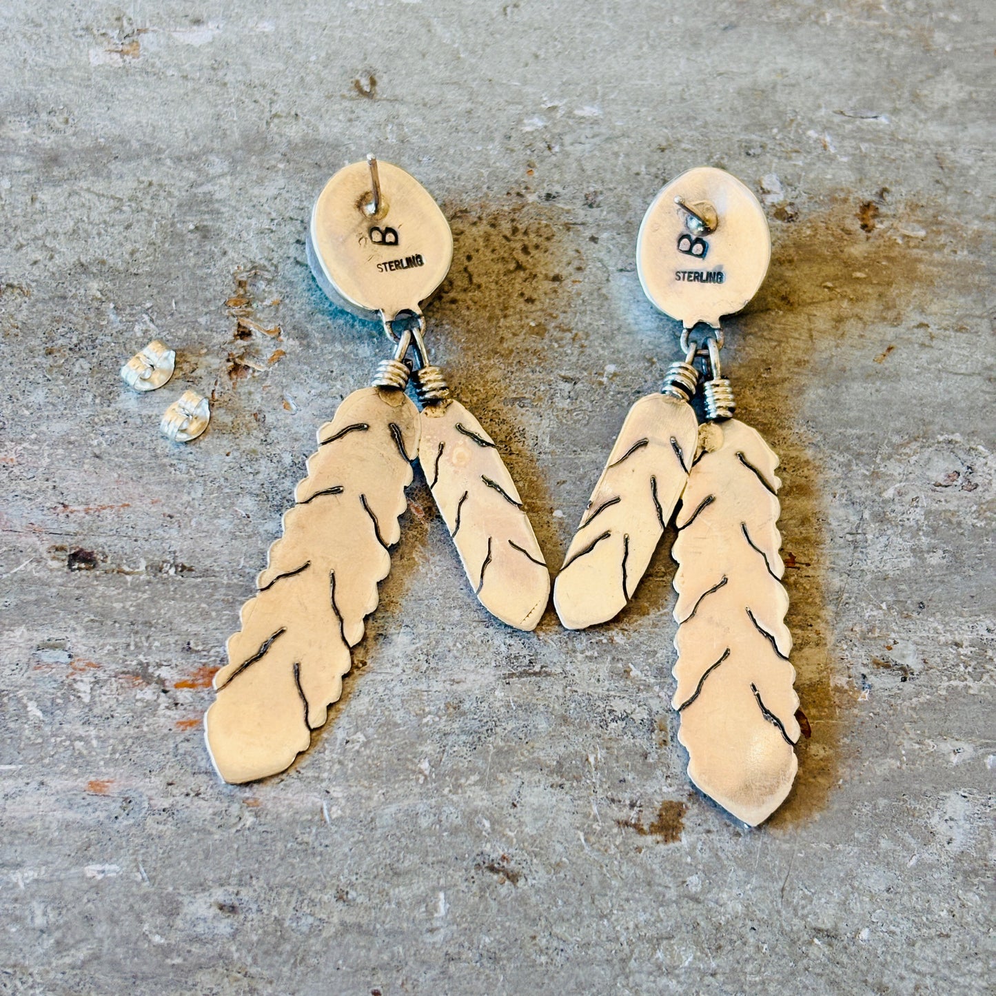 Navajo Lydia Begay Sterling Silver & Kingman Feather Earrings