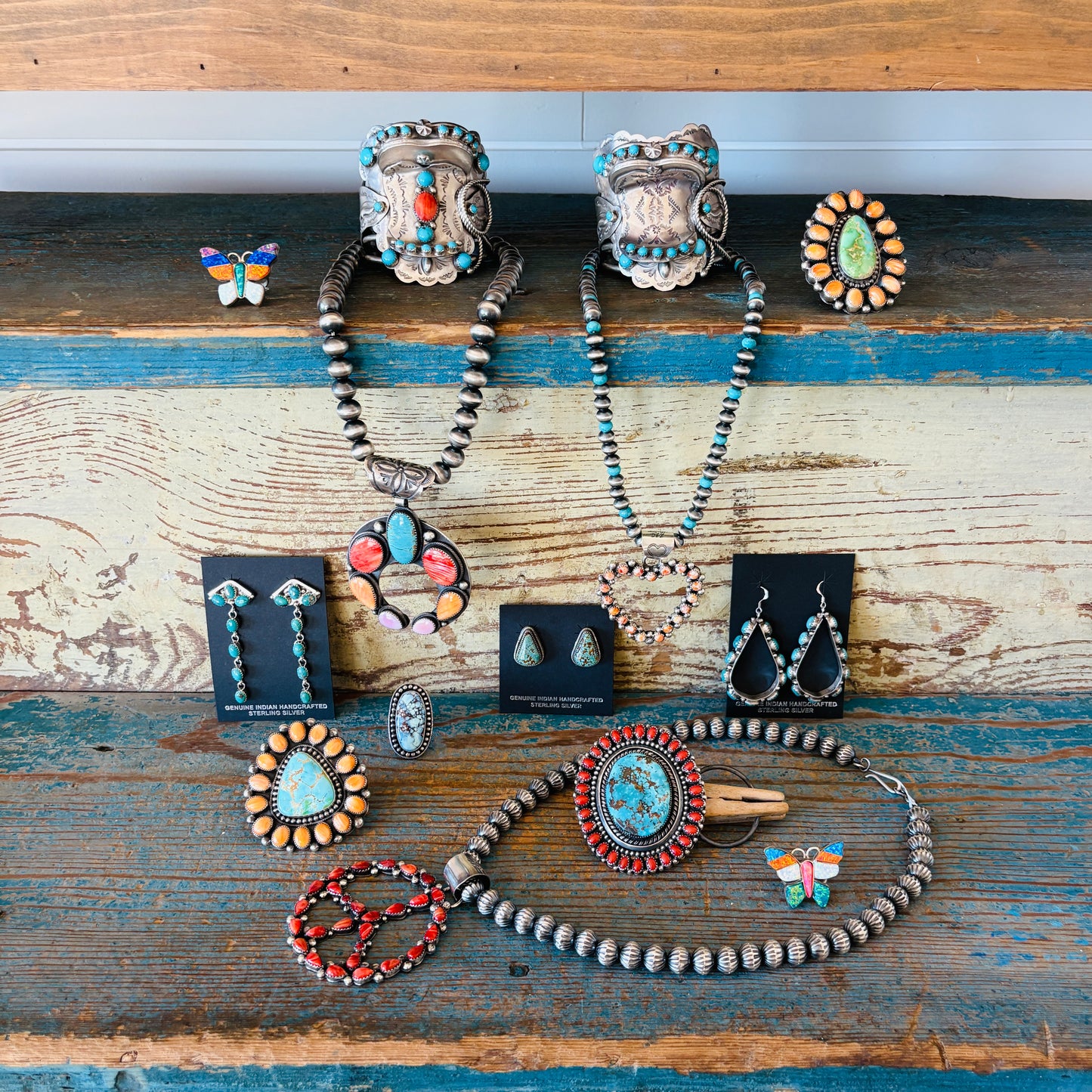 Navajo Dustin Francisco Sterling Silver - Orange Spiny Oyster & Royston Turquoise Cluster Ring