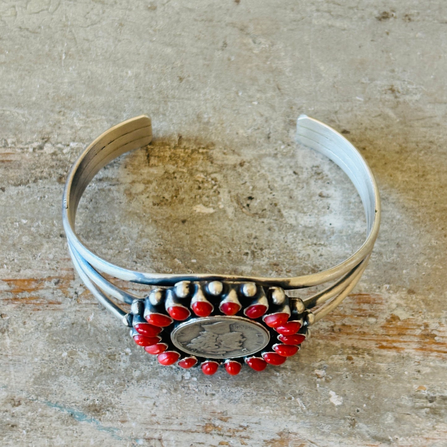 Navajo Darrin Livingston Sterling Silver & Red Coral Coin Cuff