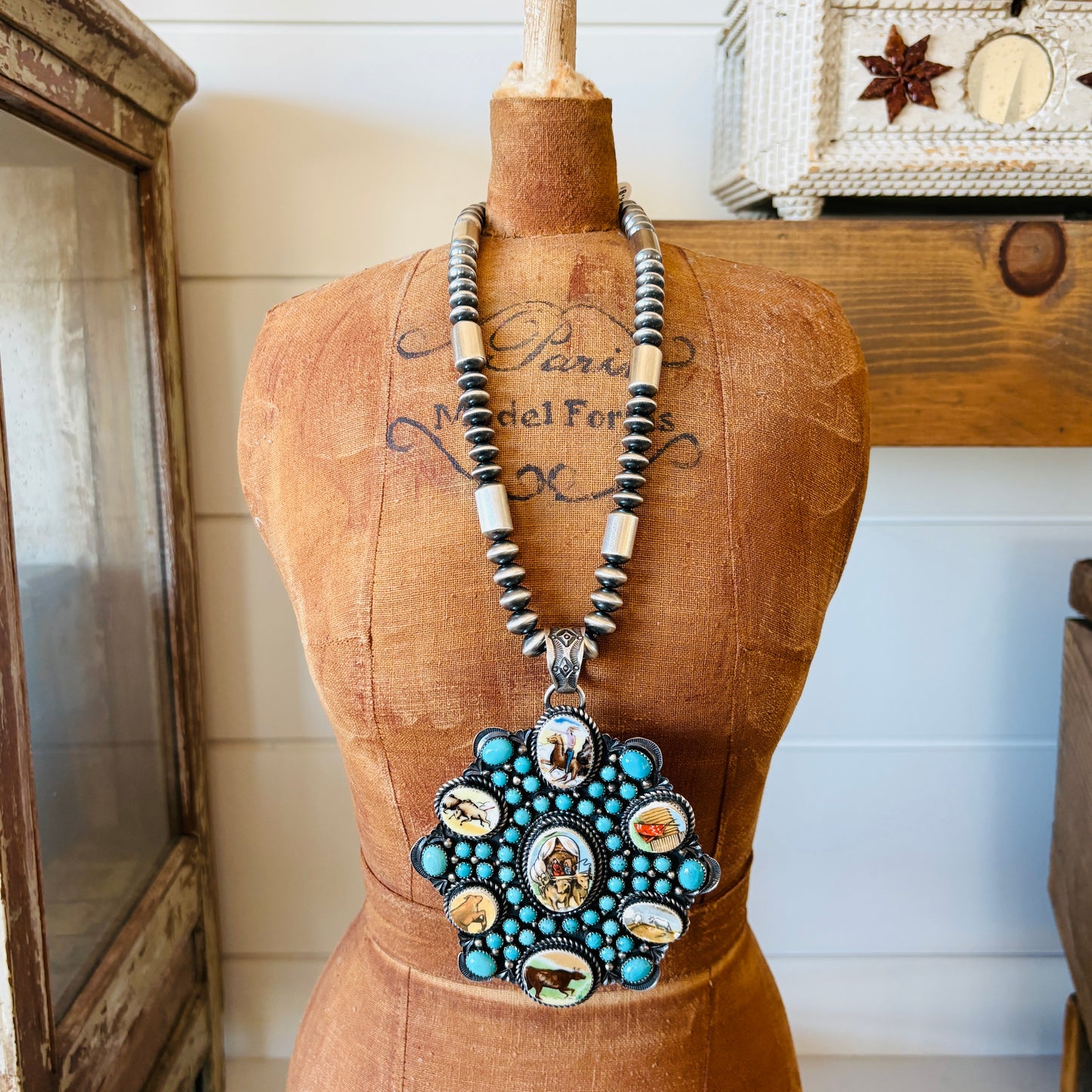 Navajo Kindale Billah Sterling Silver & Campitos Turquoise Western Pendant
