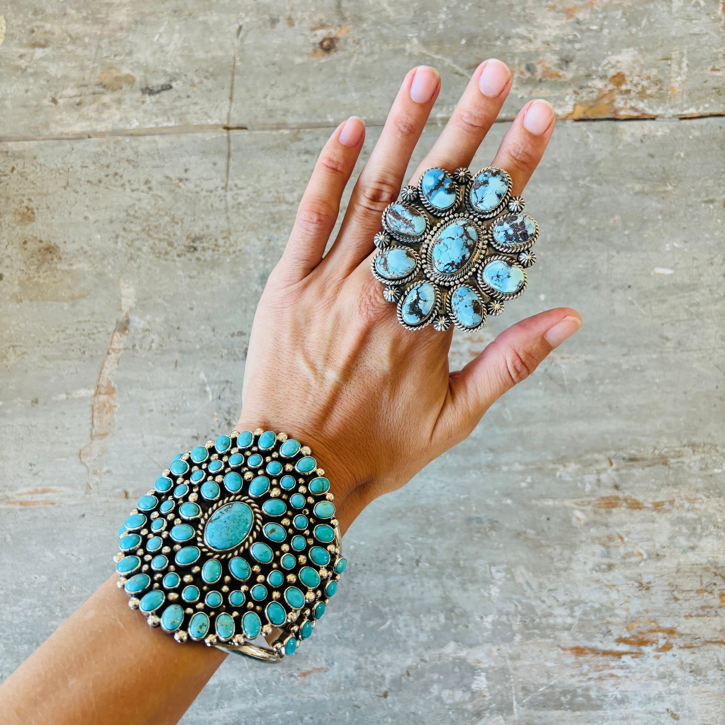 Navajo Melvin & Tiffany Jones Sterling Silver & Kingman Turquoise Cluster Cuff