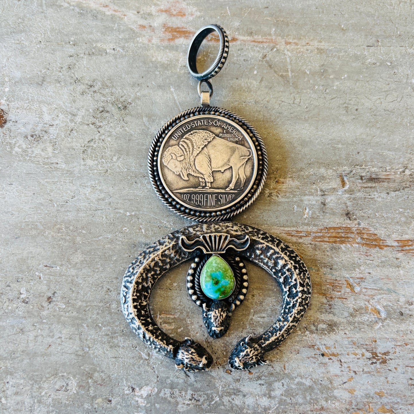 Navajo Hemerson Brown Sterling Silver & Sonoran Turquoise Buffalo Pendant