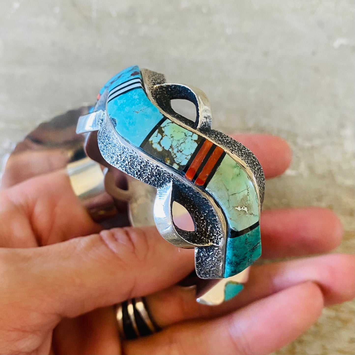 Navajo Lester James & Aaron Anderson Sterling Silver Multi Stone Tufa Cast Cuff