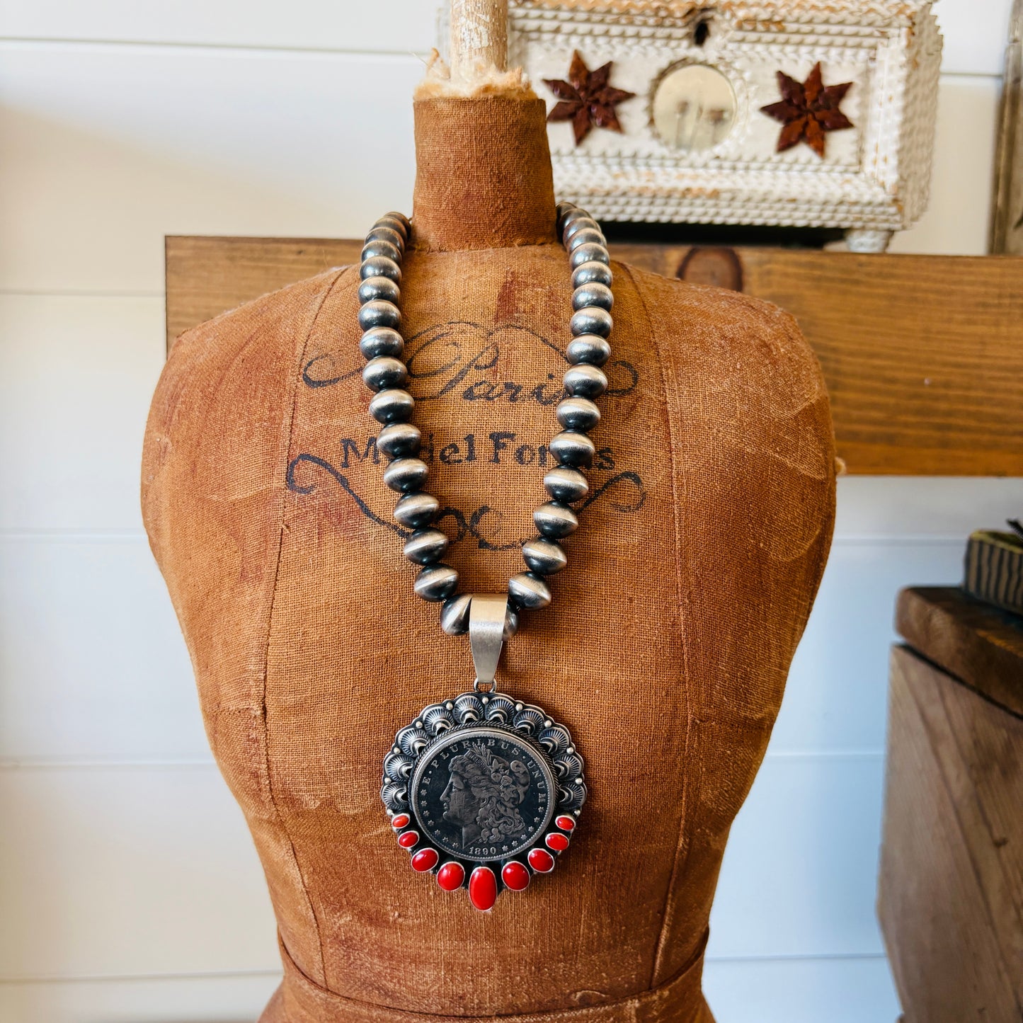 Navajo Randy Boyd Sterling Silver & Red Coral Coin Pendant