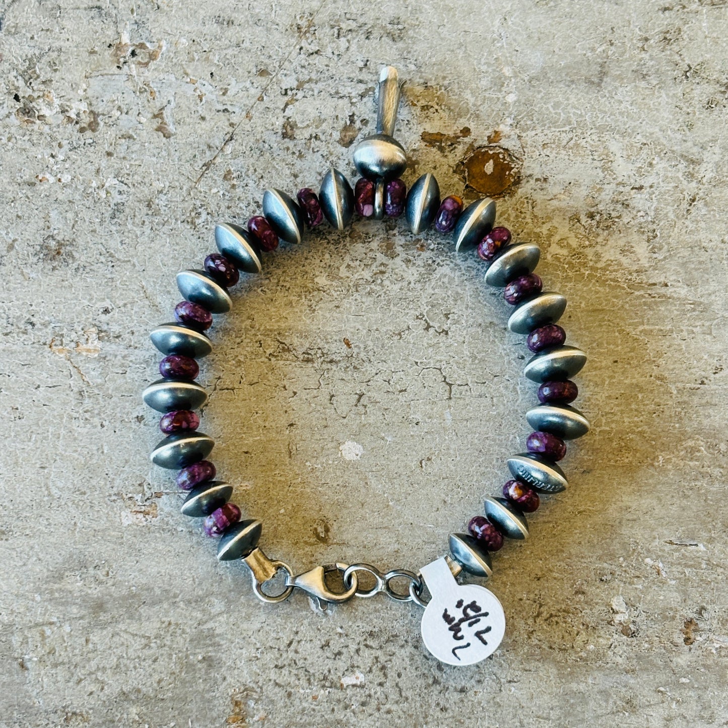 Navajo Preston Haley Sterling Silver & Purple Spiny Oyster 7mm Saucer Handmade Pearls Blossom Bracelet