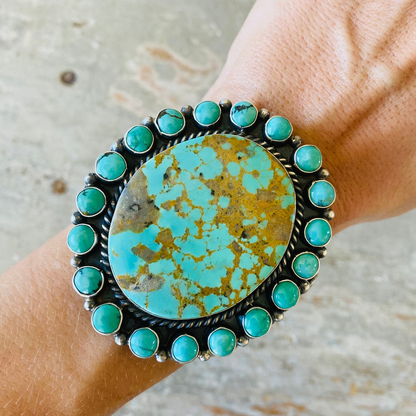 Navajo Kindale Billah Sterling Silver & Kingman Turquoise Cluster Floral Statement Cuff
